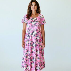 VTG Chandni Short Sleeve Floral Dress Sz L Cotton Pink w/ Pockets #262F